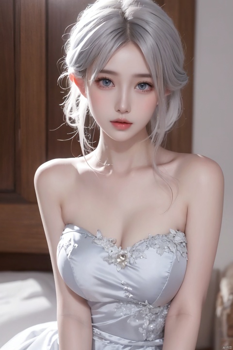  1girl, solo, white hair, grey hair, blue eyes, bare shoulders, white dress, strapless dress,clean face,
beautiful face,
pure face,
milky skin,
pale skin,
smooth skin,
delicate skin texture,
exquisite skin texture,
creamy skin,Unparalleled masterpiece,
high-quality,
high quality,
surreal 8k CG,