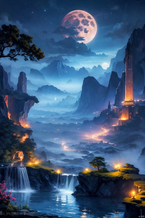  outdoors
￼
sky
￼
cloud
￼
water
￼
tree
￼
no humans
￼
night
￼
moon
￼
night sky
￼
scenery
￼
full moon
￼
mountain
￼
fantasy
￼
waterfall
￼
fog
￼
￼
