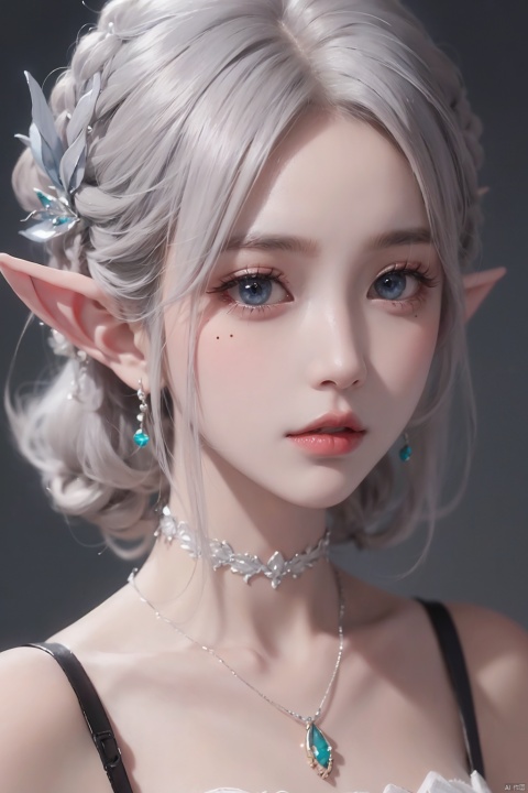  1girl
￼
solo
￼
blue eyes
￼
hair ornament
￼
bare shoulders
￼
jewelry
￼
closed mouth
￼
white hair
￼
choker
￼
pointy ears
￼
necklace
￼
mole
￼
lips
￼
looking to the side
￼
mole under eye
￼
elf
￼
gem
￼
portrait
￼
￼

