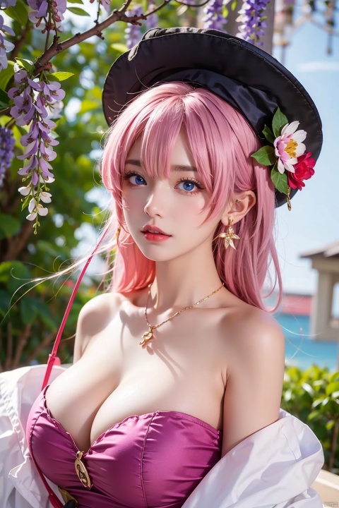  1girl
￼
solo
￼
huge breasts
￼
looking at viewer
￼
hat
￼
dress
￼
cleavage
￼
jewelry
￼
blue eyes
￼
upper body
￼
pink hair
￼
flower
￼
earrings
￼
necklace
￼
off shoulder
￼
plant
￼
purple flower
￼
straw hat
￼
wisteria
￼
￼
￼
