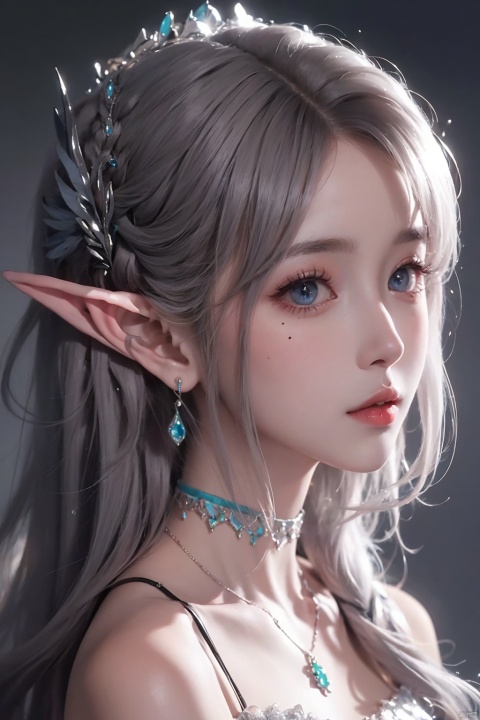  1girl
￼
solo
￼
blue eyes
￼
hair ornament
￼
bare shoulders
￼
jewelry
￼
closed mouth
￼
white hair
￼
choker
￼
pointy ears
￼
necklace
￼
mole
￼
lips
￼
looking to the side
￼
mole under eye
￼
elf
￼
gem
￼
portrait
￼
￼
