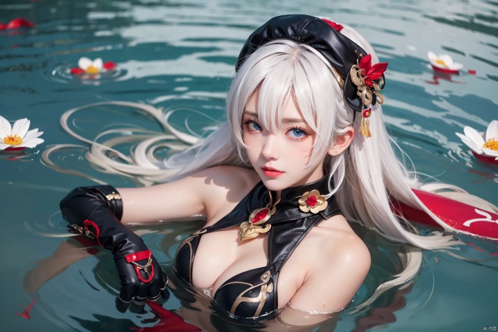  1girl
￼
solo
￼
long hair
￼
looking at viewer
￼
blue eyes
￼
hair ornament
￼
gloves
￼
bare shoulders
￼
closed mouth
￼
upper body
￼
braid
￼
white hair
￼
black gloves
￼
elbow gloves
￼
water
￼
petals
￼
partially submerged