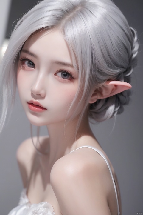  1girl, solo, white hair, grey hair, blue eyes, bare shoulders, white dress, pointy ears, strapless dress,clean face,
beautiful face,
pure face,
milky skin,
pale skin,
smooth skin,
delicate skin texture,
exquisite skin texture,
creamy skin,Unparalleled masterpiece,
high-quality,
high quality,
surreal 8k CG,