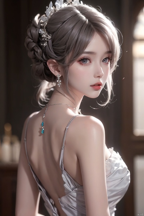 1girl
￼
solo
￼
hair ornament
￼
dress
￼
bare shoulders
￼
jewelry
￼
closed mouth
￼
upper body
￼
grey hair
￼
earrings
￼
looking back
￼
necklace
￼
from behind
￼
blurry
￼
lips
￼
grey eyes
￼
feathers
￼
realistic
￼
￼
