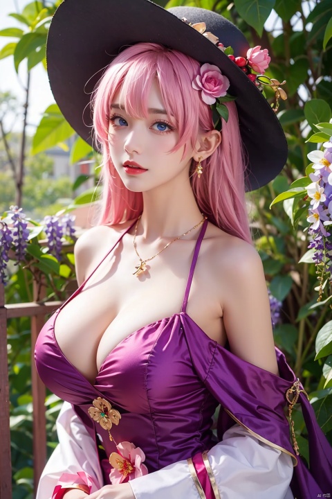  1girl
￼
solo
￼
huge breasts
￼
looking at viewer
￼
hat
￼
dress
￼
cleavage
￼
jewelry
￼
blue eyes
￼
upper body
￼
pink hair
￼
flower
￼
earrings
￼
necklace
￼
off shoulder
￼
plant
￼
purple flower
￼
straw hat
￼
wisteria
￼
￼
￼
