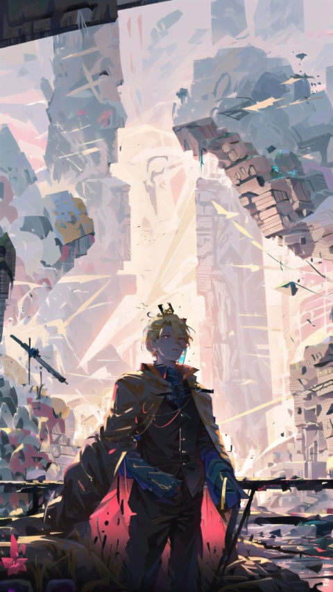 (Tall young handsome man, blonde, red eyes, glowing eyes, levi ackerman hairstyle,) coat, black coat, shirt, red shirt, pants, black pants, crown, king, cape, black waistcoat, ,Hanahaki disease, flower background