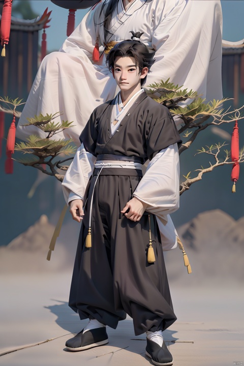 solo, long hair, looking at viewer, black hair, long sleeves, 1boy, standing, full body, male focus, outdoors, japanese clothes, wide sleeves, black footwear, tree, chinese clothes, hanfu, Kung fu moves, Wen Dao Sheng Zun,(bx:1.2), xiaosheng, jznssw, taoist priest,Multi energy text,white socks,Energy pairing,Glowing Text,Transparent text, Ancient China_Indoor scenes, zhifu xianling, boy, 1 boy