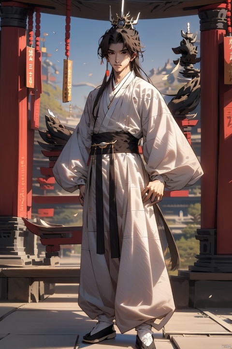 solo, long hair, looking at viewer, black hair, long sleeves, 1boy, standing, full body, male focus, outdoors, japanese clothes, wide sleeves, black footwear, tree, chinese clothes, hanfu, Kung fu moves, Wen Dao Sheng Zun,(bx:1.2), xiaosheng, jznssw, taoist priest,Multi energy text,white socks,Energy pairing,Glowing Text,Transparent text, Ancient China_Indoor scenes, zhifu xianling, boy, 1 boy, bx, 372089, cyberpunk