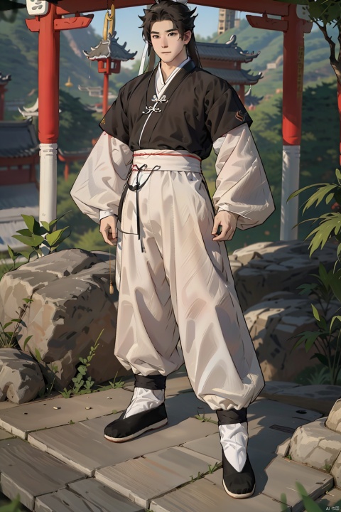 solo, long hair, looking at viewer, black hair, long sleeves, 1boy, standing, full body, male focus, outdoors, japanese clothes, wide sleeves, black footwear, tree, chinese clothes, hanfu, Kung fu moves, Wen Dao Sheng Zun,(bx:1.2), xiaosheng, jznssw, taoist priest,Multi energy text,white socks,Energy pairing,Glowing Text,Transparent text, Ancient China_Indoor scenes, zhifu xianling, boy