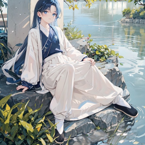 solo, long hair, looking at viewer, blush, bangs, blue eyes, shirt, black hair, long sleeves, 1boy, very long hair, closed mouth, blue hair, full body, male focus, multicolored hair, outdoors, lying, sky, shoes, day, pants, on back, black footwear, two-tone hair, tree, grass, aged down, white pants, korean clothes