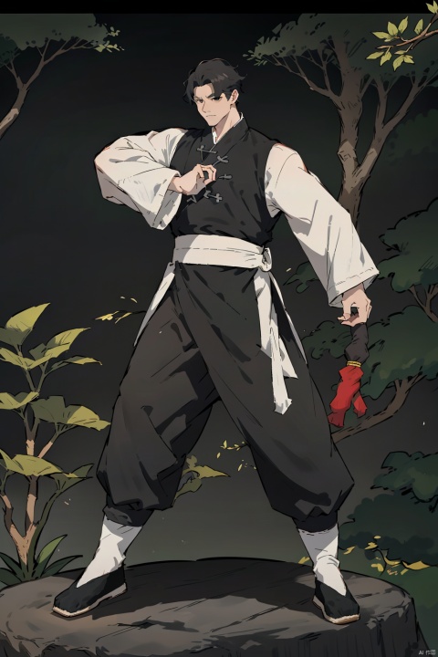 solo, long hair, looking at viewer, black hair, long sleeves, 1boy, standing, full body, male focus, outdoors, japanese clothes, wide sleeves, black footwear, tree, chinese clothes, hanfu, Kung fu moves, Wen Dao Sheng Zun,(bx:1.2), xiaosheng, jznssw, taoist priest