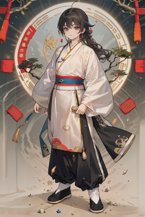 solo, long hair, looking at viewer, black hair, long sleeves, 1boy, standing, full body, male focus, outdoors, japanese clothes, wide sleeves, black footwear, tree, chinese clothes, hanfu, Kung fu moves, Wen Dao Sheng Zun,(bx:1.2), xiaosheng, jznssw, taoist priest,Multi energy text,white socks,Energy pairing,Glowing Text,Transparent text, Ancient China_Indoor scenes, zhifu xianling, boy, 1 boy, bx, 372089, cyberpunk, mecha, cyborg