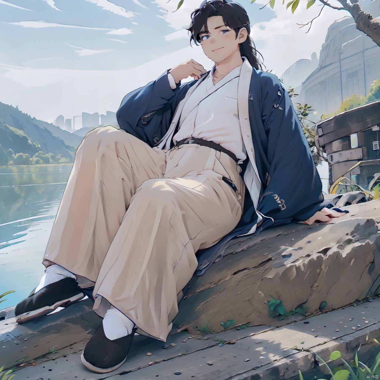 solo, long hair, looking at viewer, blush, bangs, blue eyes, shirt, black hair, long sleeves, 1boy, very long hair, closed mouth, blue hair, full body, male focus, multicolored hair, outdoors, lying, sky, shoes, day, pants, on back, black footwear, two-tone hair, tree, grass, aged down, white pants, korean clothes