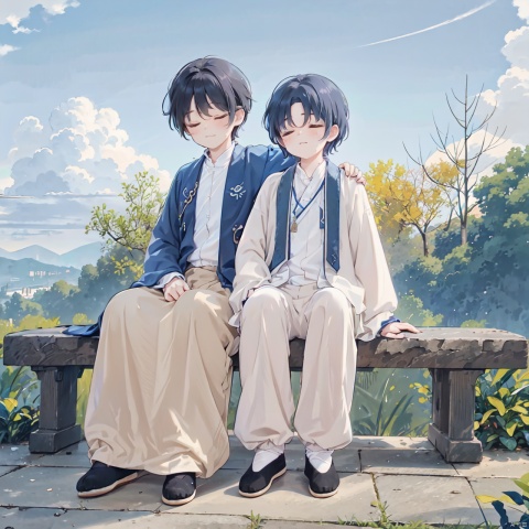 blush, short hair, bangs, shirt, black hair, long sleeves, sitting, blue hair, closed eyes, male focus, multicolored hair, sweat, outdoors, multiple boys, sky, day, pants, cloud, 2boys, tree, sleeping, aged down, child, hand on another's head, bench, male child