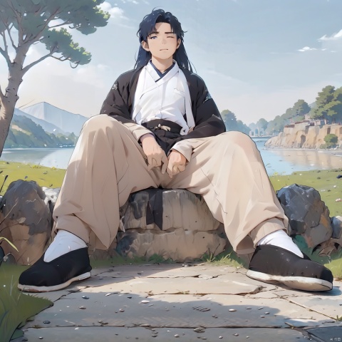 solo, long hair, looking at viewer, blush, bangs, blue eyes, shirt, black hair, long sleeves, 1boy, very long hair, closed mouth, blue hair, full body, male focus, multicolored hair, outdoors, lying, sky, shoes, day, pants, on back, black footwear, two-tone hair, tree, grass, aged down, white pants, korean clothes