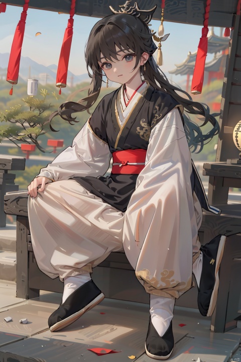 solo, long hair, looking at viewer, black hair, long sleeves, 1boy, full body, male focus, outdoors, japanese clothes, wide sleeves, black footwear, tree, chinese clothes, hanfu, Kung fu moves, Wen Dao Sheng Zun,(bx:1.2), xiaosheng, jznssw, taoist priest,Multi energy text,white socks,Energy pairing,Glowing Text,Transparent text, Ancient China_Indoor scenes, zhifu xianling, boy, 1 boy, 