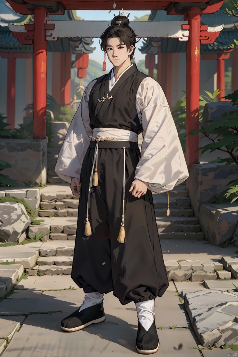 solo, long hair, looking at viewer, black hair, long sleeves, 1boy, standing, full body, male focus, outdoors, japanese clothes, wide sleeves, black footwear, tree, chinese clothes, hanfu, Kung fu moves, Wen Dao Sheng Zun,(bx:1.2), xiaosheng, jznssw, taoist priest,Multi energy text, bx,white socks,Energy pairing,Glowing Text,Transparent text, Ancient China_Indoor scenes, zhifu xianling, 372089, boy
