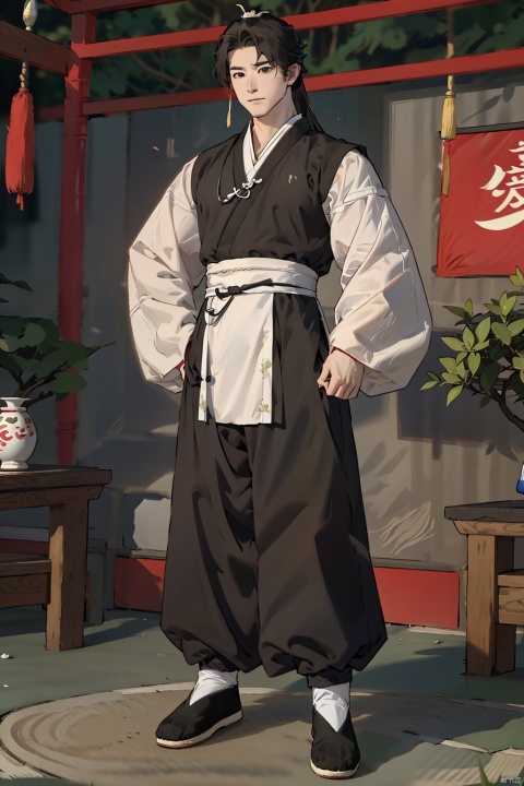 solo, long hair, looking at viewer, black hair, long sleeves, 1boy, standing, full body, male focus, outdoors, japanese clothes, wide sleeves, black footwear, tree, chinese clothes, hanfu, Kung fu moves, Wen Dao Sheng Zun,(bx:1.2), xiaosheng, jznssw, taoist priest,Multi energy text,white socks,Energy pairing,Glowing Text,Transparent text, Ancient China_Indoor scenes, zhifu xianling, boy