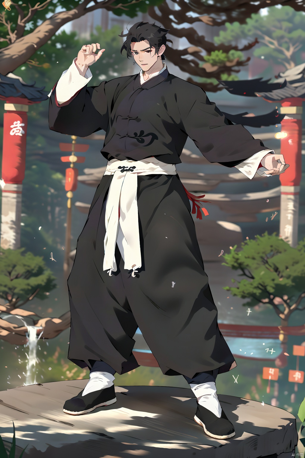 solo, long hair, looking at viewer, black hair, long sleeves, 1boy, standing, full body, male focus, outdoors, japanese clothes, wide sleeves, black footwear, tree, chinese clothes, hanfu, Kung fu moves, Wen Dao Sheng Zun,(bx:1.2), xiaosheng, jznssw, taoist priest,Multi energy text