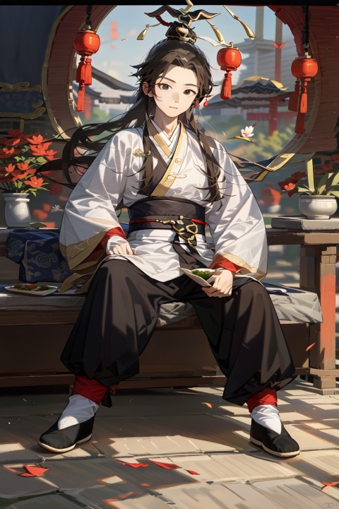 solo, long hair, looking at viewer, black hair, long sleeves, 1boy, full body, male focus, outdoors, japanese clothes, wide sleeves, black footwear, tree, chinese clothes, hanfu, Kung fu moves, Wen Dao Sheng Zun,(bx:1.2), xiaosheng, jznssw, taoist priest,Multi energy text,white socks,Energy pairing,Glowing Text,Transparent text, Ancient China_Indoor scenes, zhifu xianling, boy, xinyue