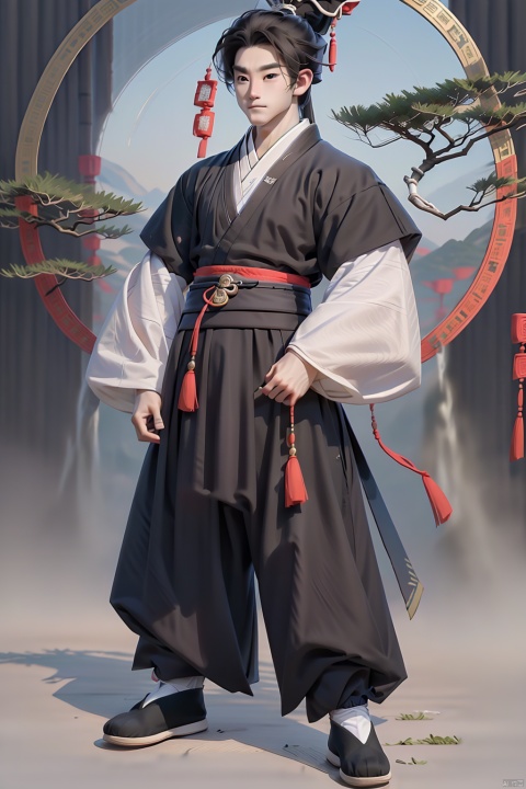 solo, long hair, looking at viewer, black hair, long sleeves, 1boy, standing, full body, male focus, outdoors, japanese clothes, wide sleeves, black footwear, tree, chinese clothes, hanfu, Kung fu moves, Wen Dao Sheng Zun,(bx:1.2), xiaosheng, jznssw, taoist priest,Multi energy text,white socks,Energy pairing,Glowing Text,Transparent text, Ancient China_Indoor scenes, zhifu xianling, boy, 1 boy, bx, 372089