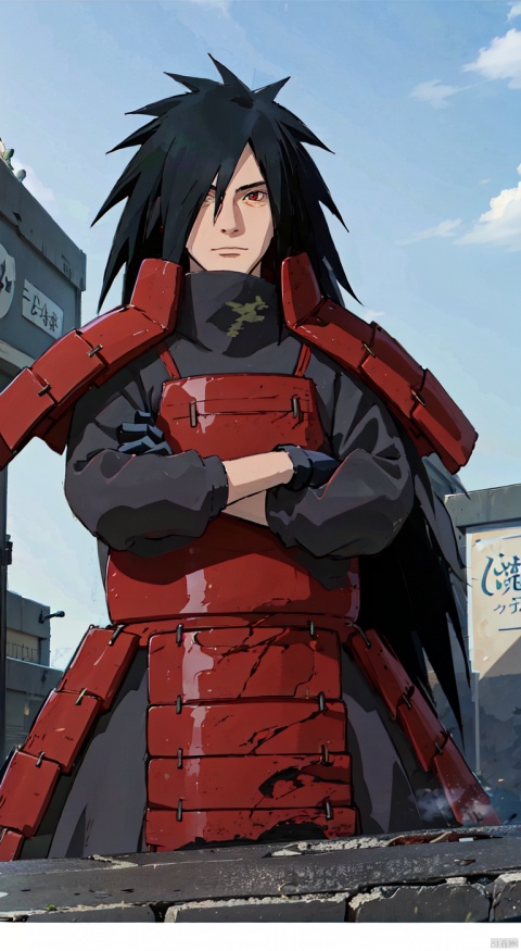 White background, high resolution, master painting, CG, wallpaper, sunshine, bright picture, soft picture,
1boy, Male focus, armor, Solo, Japanese armor, long hair, arms crossed, hair covering one eye, black hair, red eyes, gloves, black gloves, shoulder armor, closed mouth, looking at the audience, spiky hair, very long hair, Ninja,
Outdoors,ban, ((poakl))
