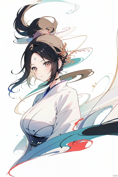 Highest quality, extremely meticulous, beauty, black warm Hanfu, evil smile, evil, long hair, black hair, more details, long hair, illusion, illusion magic, snow, surrounding streams and valleys, Chinese ink painting, calligraphy elements, delicate face, sharp eyes, clear eyebrows, kind expression, flying hair, etc., 1 girl,  huge breasts,gangshou,Blonde hair, double ponytail,Blue coat,