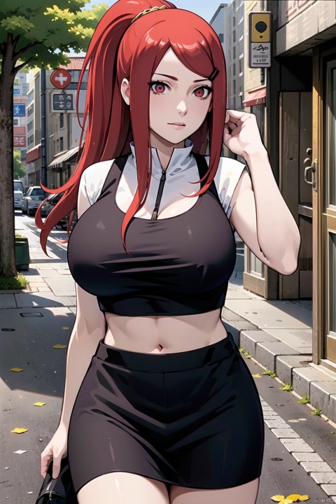  1girl, solo, long hair,(big_breasts:1.3), Red eyes, dress, red hair, outdoor, hair ornament, street, ponytail, hairclip, midriff, fishnets, JY, jiuxinnai