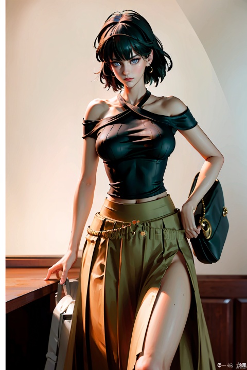  Real, beautiful, high resolution, bedroom,anime,
1 Girl, bust, 30 years old female, full figure, big bust, whole body, (long legs, halter skirt, tight skirt, sleeveless, off-the-shoulder, hip bag, big bust, short hair, down hair, chuixue:1.3), enchanting posture,
