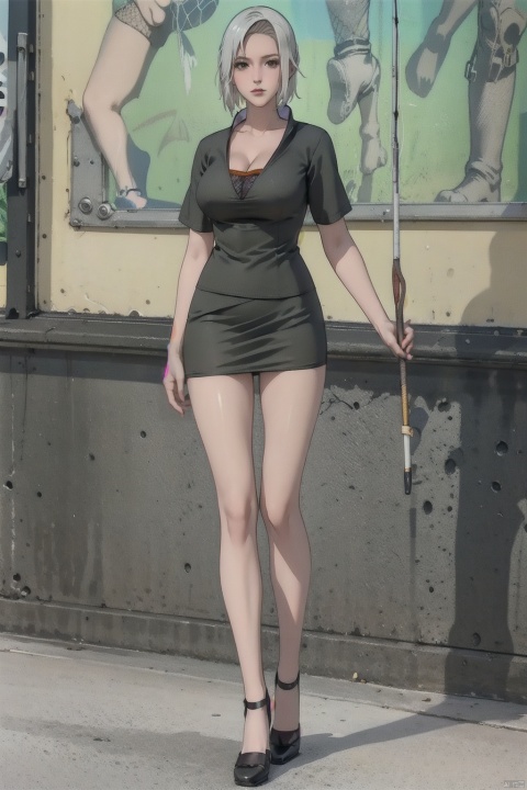 High resolution, master painting, CG, wallpaper,
Sunshine, bright picture, soft picture,
1 Girl, solo, full body, long legs,
Short hair, (large breasts :1.3), work uniform, short skirt, bare legs, grey hair, fishing net,
Outdoor, street, mabuyi