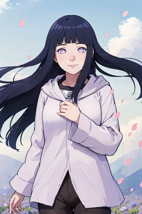  masterpiece,absurdres,hinata\(boruto\),1girl,solo,mature female,purple hoodie,layered sleeves,brown pants,outdoors,lavender flower field,wind,floating hair,hand on own chest,looking at viewer,smile,(falling petals),cloudy sky,, chutian