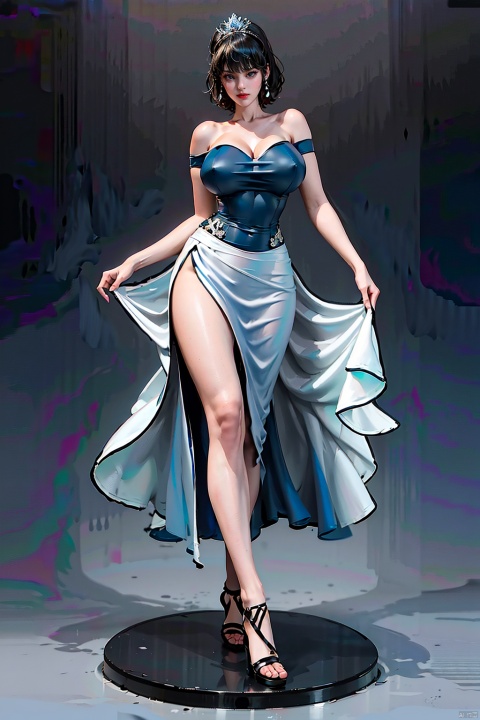 Masterpiece, top quality, official art, aesthetically pleasing :1.2, white background,
1 girl, full body, looking at the audience, chuixue: 1.3, full figure,
(Standing, bare shoulders, extreme detail, fractal art :1.3),
(1 girl, black high heels, tight skirt, blue full-length dress, sleeveless, off-the-shoulder, long legs, short hair, breasts, big breasts, : 1.3), best quality,