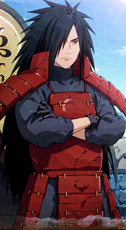 White background, high resolution, master painting, CG, wallpaper, sunshine, bright picture, soft picture,
1boy, Male focus, armor, Solo, Japanese armor, long hair, arms crossed, hair covering one eye, black hair, red eyes, gloves, black gloves, shoulder armor, closed mouth, looking at the audience, spiky hair, very long hair, Ninja,
Outdoors,ban, ((poakl)), seductive eyes