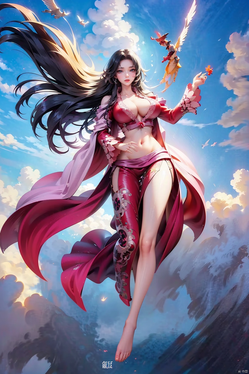  1girl, aura,, Front view,air,cloud, backlight,looking at viewer, very long hair,hair flowe full_body,(bare feet,:1.2)(flying in the sky:1.6),(Stepping on the clouds:1.2),Indian Beauty、hankuke,