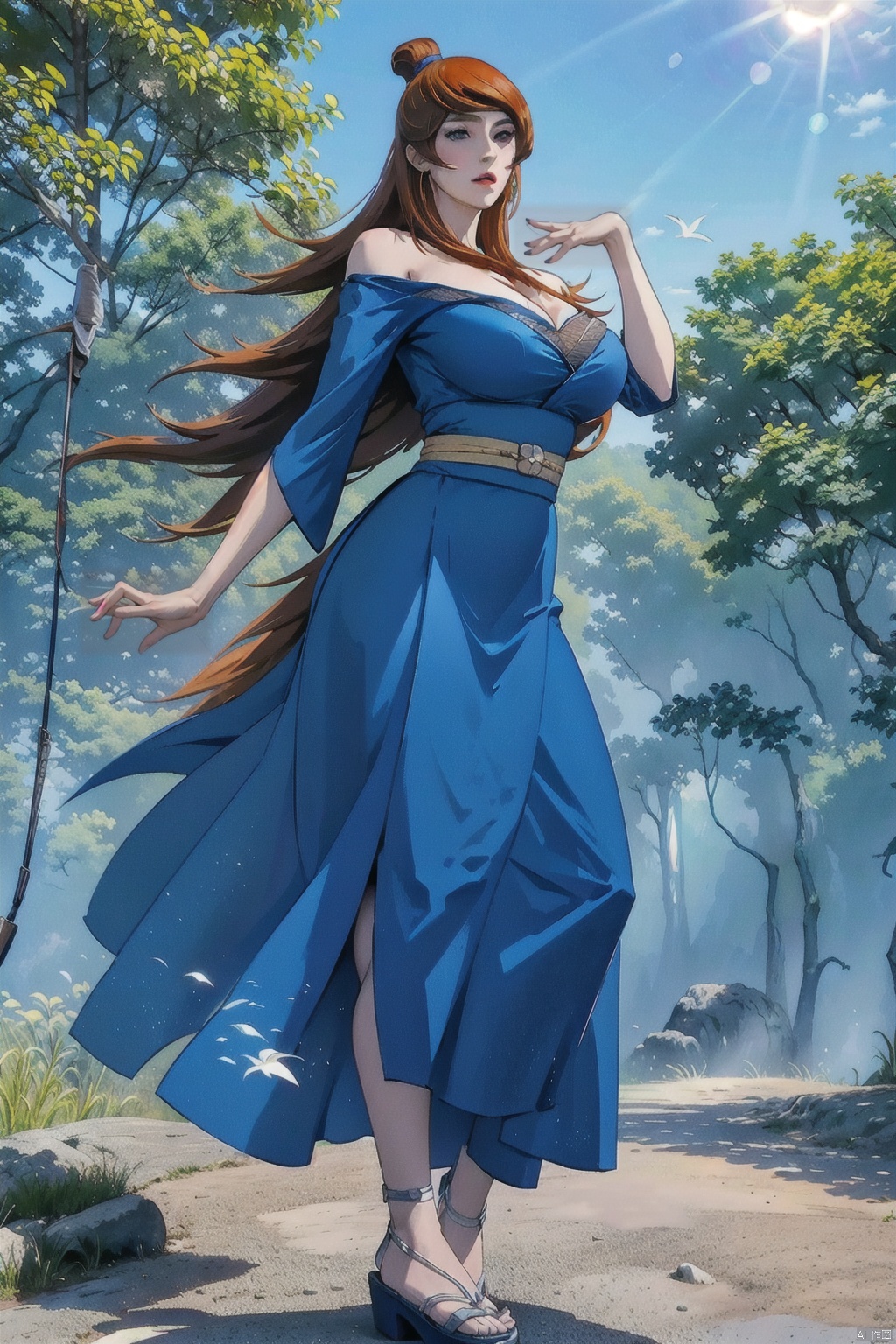 High resolution, master painting, CG, wallpaper,
Sunshine, bright picture, soft picture,

1 Girl, solo, full body, long legs,

Long hair, (large breasts :1.3), blue eyes, long blue dress, kimono, brown hair, fishing net,

Outdoor, street, zhaomeiming