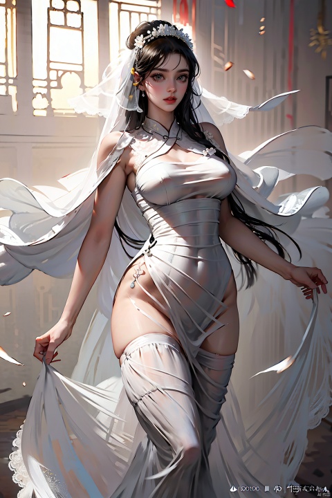  Real, beautiful, high resolution, bedroom,
1 Girl, bust, 30 years old female, full figure, big bust, whole body, (long legs, white wedding dress, long skirt, wrapped buttocks, Chinese wedding dress, veil, lace, Chinese dress, traditional dress, hair accessories, big breasts, hankuke:1.3), holding a bouquet, charming posture,