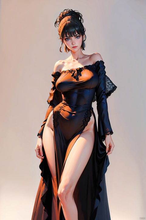  Real, beautiful, high resolution, bedroom,
1 Girl, bust, 30 years old female, full figure, big bust, whole body, (Long legs, long dress, sleeveless, off-the-shoulder, hip wrap, lace, big bust, caped short,chuixue:1.3), charming posture, jijianchahua, seductive eyes