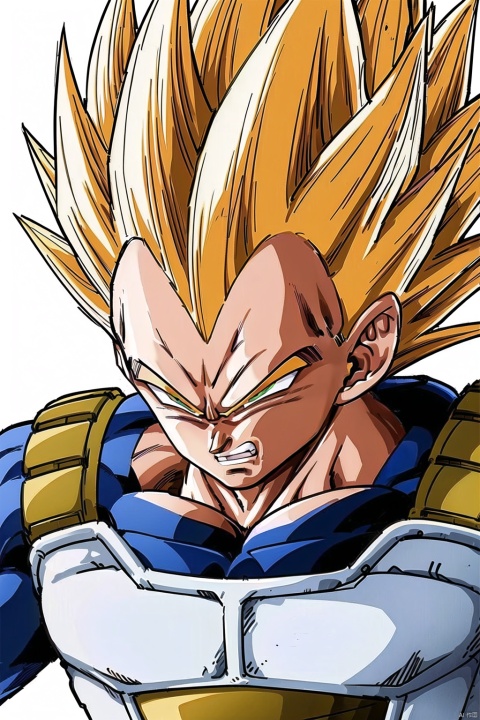  (White background :1.3),
(solo, blonde hair, 1boy, white background, green eyes, upper body, male focus, teeth, armor, muscular, spiked hair, clenched teeth, anger vein, angry, super saiyan, saiyan armor, super saiyan 1, vegeta:1.3)
High resolution, Master Painting, CG, Wallpaper, Super Detail, Intricate Detail, Masterpiece, 8k, Contrast, Smooth, bright picture, Soft picture, Rembrandt Lighting, Amazing, Manga style, Manga, Anime, Game CG,baduosi, beijita
