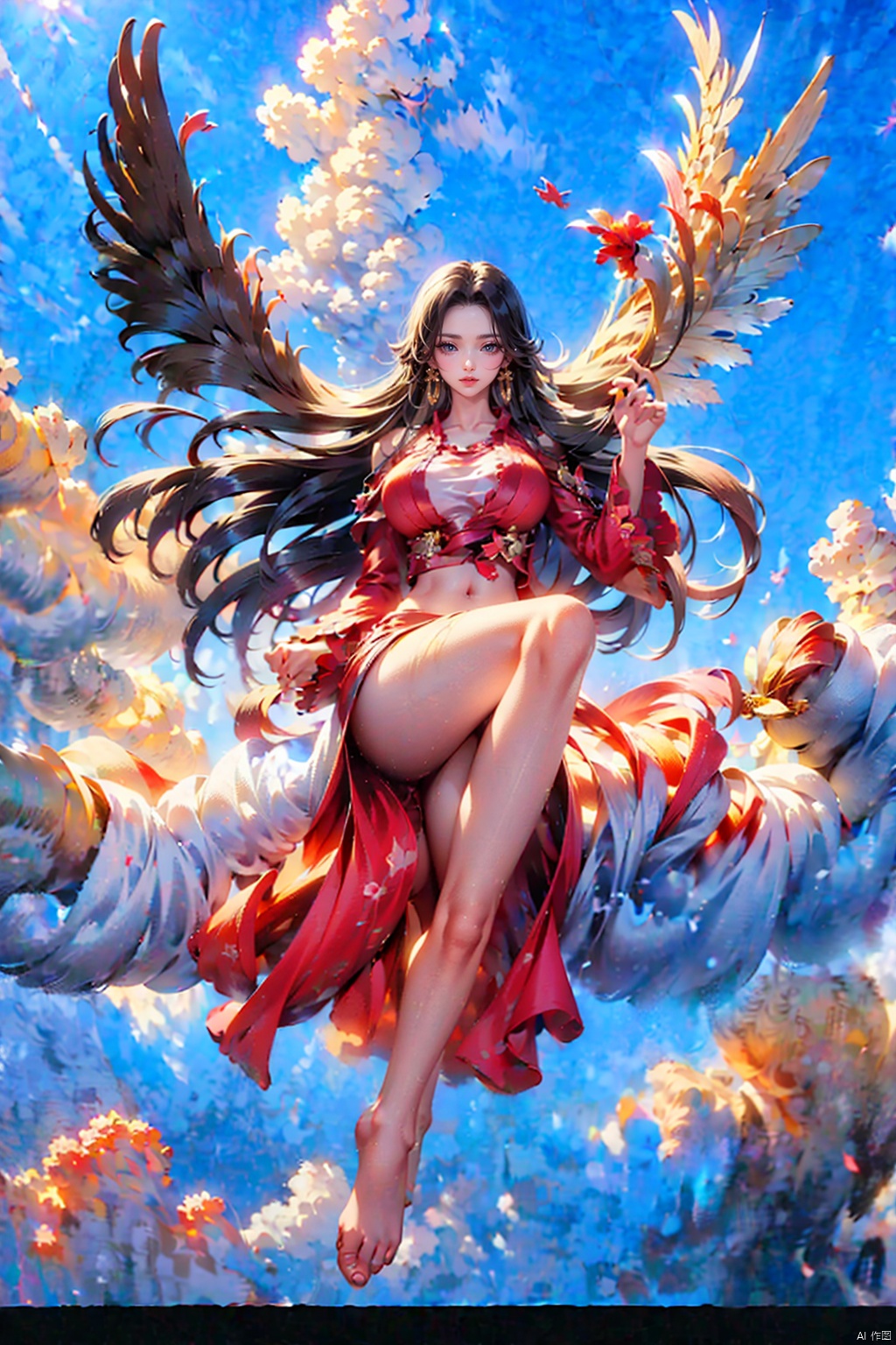  1girl, aura,, Front view,air,cloud, backlight,looking at viewer, very long hair,hair flowe full_body,(bare feet,:1.2)(flying in the sky:1.6),(Stepping on the clouds:1.2),Indian Beauty、hankuke,