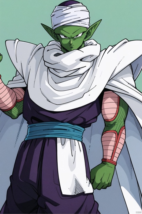 solo, looking at viewer, 1boy, standing, male focus, pointy ears, cape, colored skin, clenched hand, serious, green skin, white cape, turban, son gohan,bike