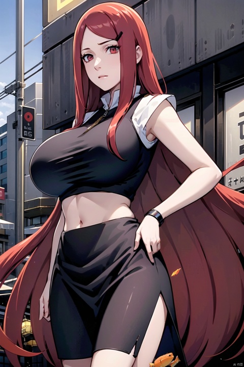  1girl, solo, long hair,(big_breasts:1.3), Red eyes, dress, red hair, outdoor, hair ornament, street,hairclip, midriff, fishnets, JY, jiuxinnai