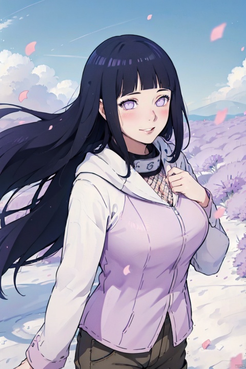  masterpiece,absurdres,hinata\(boruto\),1girl,solo,mature female,purple hoodie,layered sleeves,brown pants,outdoors,lavender flower field,wind,floating hair,hand on own chest,looking at viewer,smile,(falling petals),cloudy sky,large breasts,fishnets,blush,, chutian