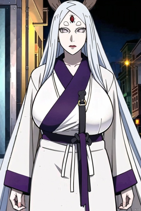 1 Girl, solo, Long hair, (big breasts :1.3), white eyes, white kimono, white hair, outdoor, street, datongmuhuiye