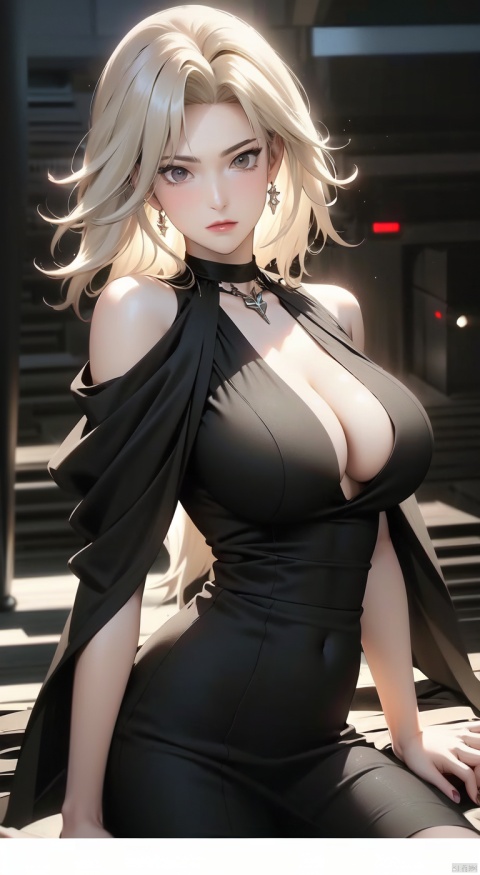  A woman with white hair, big breasts, transparent black dress, and a longing expression, , gangshou