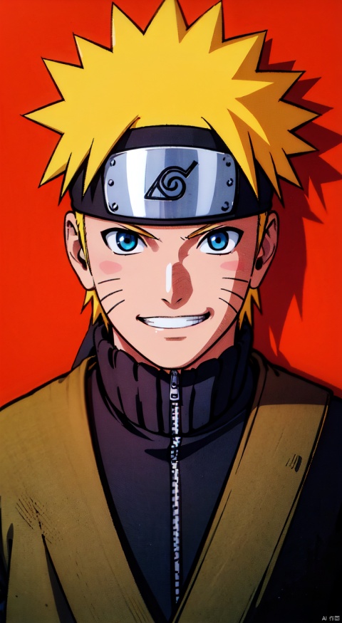 White background, high resolution, master painting, CG, wallpaper, sunshine, bright picture, soft picture,
1boy, uzumaki naruto, male focus, solo, blonde hair, blue eyes, forehead protector, looking at viewer, jacket, smile, simple background, red background, grin, spiked hair, whisker markings, upper body, headband, facial mark, ninja, konohagakure symbol mingren, seductive eyes