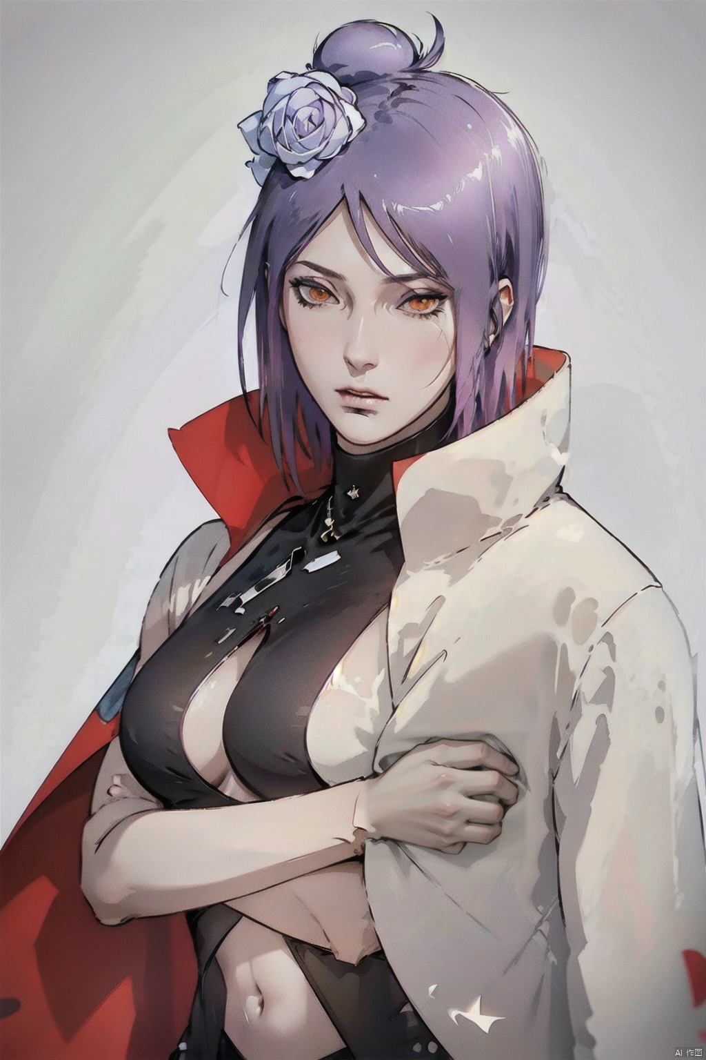 White background, high resolution, master painting, CG, wallpaper,
Sunshine, bright picture, soft picture,

xiaonan, 1girl, flower, solo, hair flower, hair ornament, navel, purple hair, breasts, short hair, crossed arms, navel cutout, orange eyes, cloak, rose, large breasts, piercing, looking at viewer, high collar, simple background
