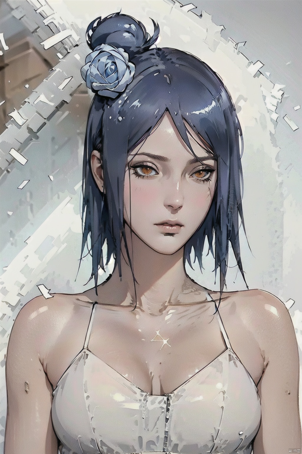 White background, high resolution, master painting, CG, wallpaper,
Sunshine, bright picture, soft picture,

xiaonan, 1girl, flower, solo, hair ornament, hair flower, blue hair, looking at viewer, bare shoulders, sleeveless, short hair, collarbone, zipper, upper body, breasts, rose, hair bun, orange eyes, single hair bun, closed mouth, bangs, covered collarbone
