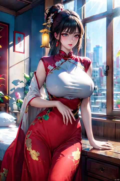  (Masterpiece, best quality :1.4), realistic style, (Masterpiece, highest quality, best quality :1.2), 8k, cg, (Bedroom, window, sunlight: 1.3)
A woman with large breasts and fat breasts, wearing a red cheongsam and an expression of longing, her head held high
1 girl, Chinese cheongsam, huge breasts,
