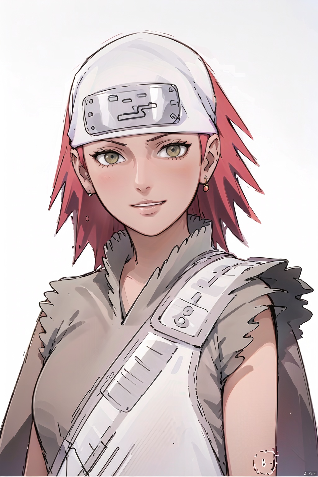 (White background: 1.3),
1 girl, solo, busty, 30 years old, royal sister, pretty,
Short hair, (big breasts :1.3), red hair, ninja, turban, grey top, fine dress,
Upper body, smile to the camera, camera focuses on the face,
High resolution, master paintings, CG, wallpaper, super Detail, intricate details, masterpieces, 8k, contrast, smooth, bright picture, soft picture, Rembrandt lighting, amazing,
Manga style, manga, anime, Games cg,kaluyi, 