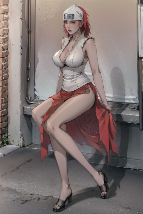  High resolution, master paintings, CG, wallpaper,
Sunshine, bright picture, soft picture,

1 Girl, solo, full body, long legs,

Short hair, (large breasts :1.3), blonde eyes, red hair, Ninja, turban, grey top, grey long skirt, mesh stockings,

Outdoor, street,kaluyi